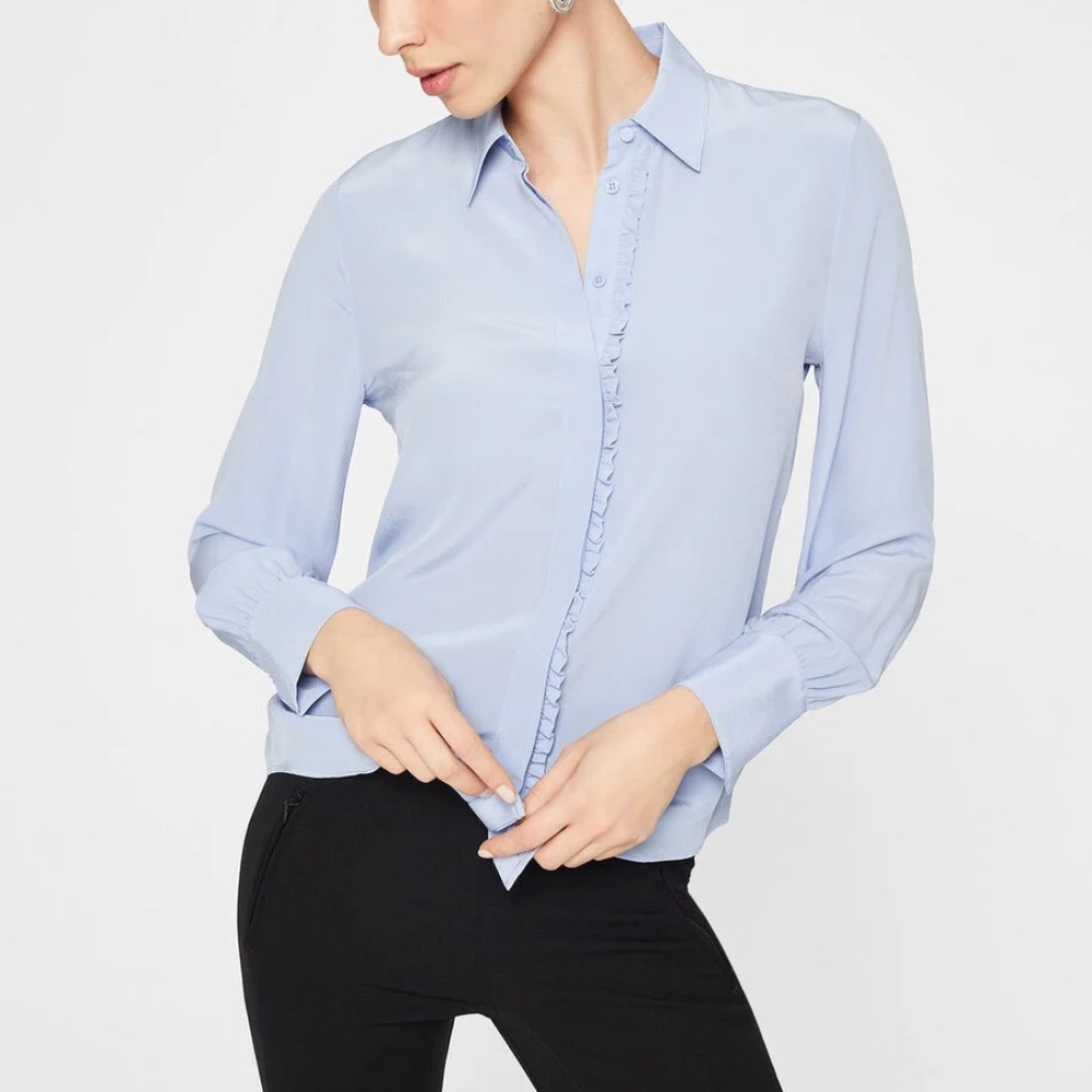 Silk Ruffle Detail Shirt - Brand New - NEVER WORN - Blue